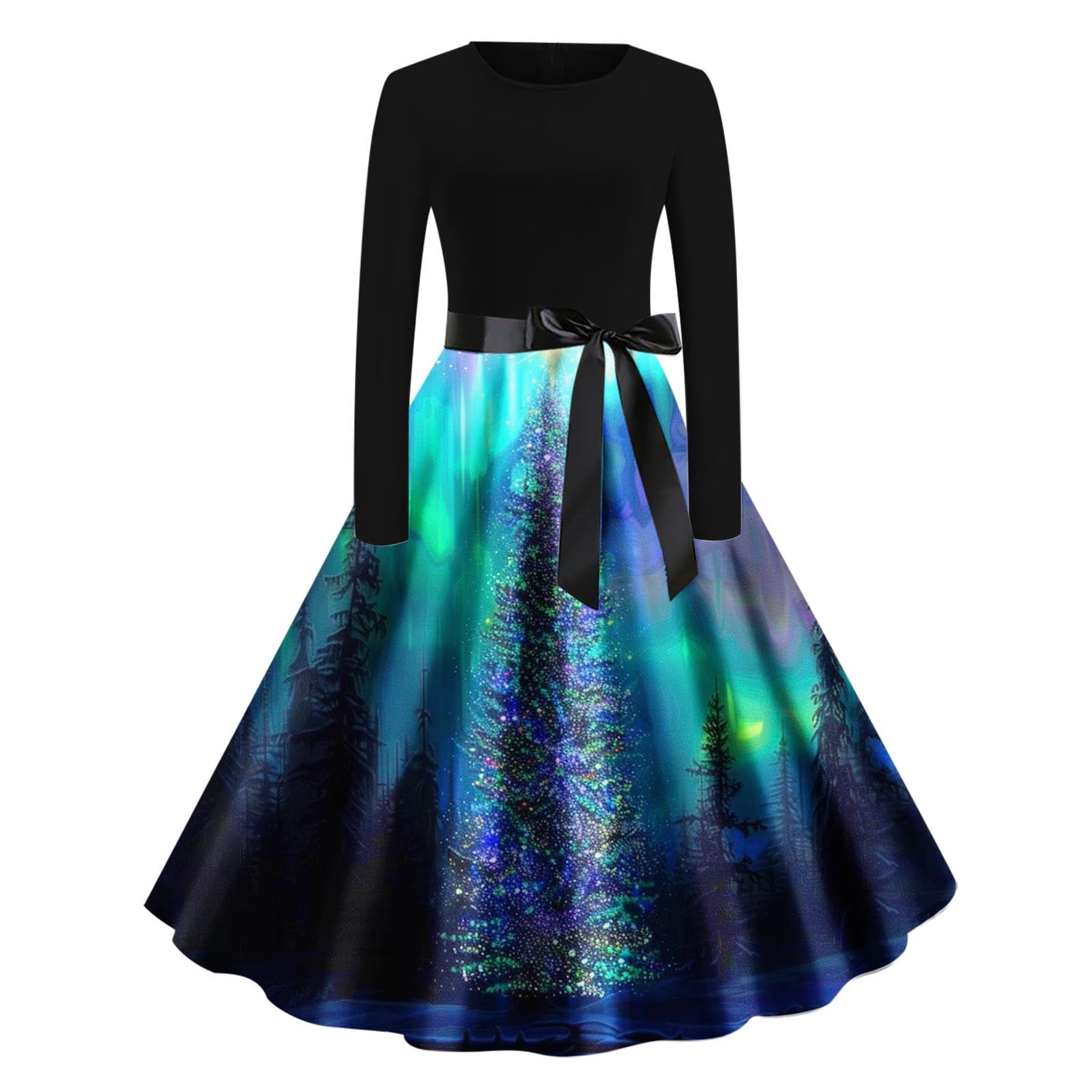 amazon vintage christmas dresses Wrfwul Christmas Dress for Women Long Sleeve Xmas Tree Snowflake Cocktail Party Dresses Vintage A-Line Swing Hepburn Dress with Belt, Women's, Size: