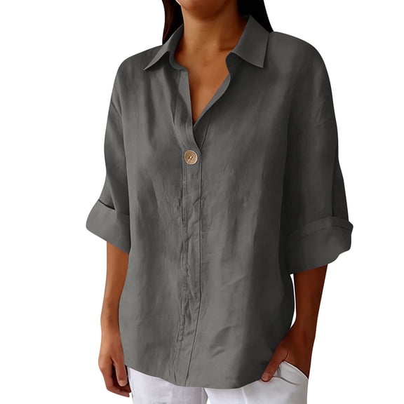 WRFWUL Cotton Linen Shirts for Women Buttons V Neck 3/4 Sleeve Tops Casual Boho Beach Gauze Blouses Cozy Loose Fit T-Shirts
