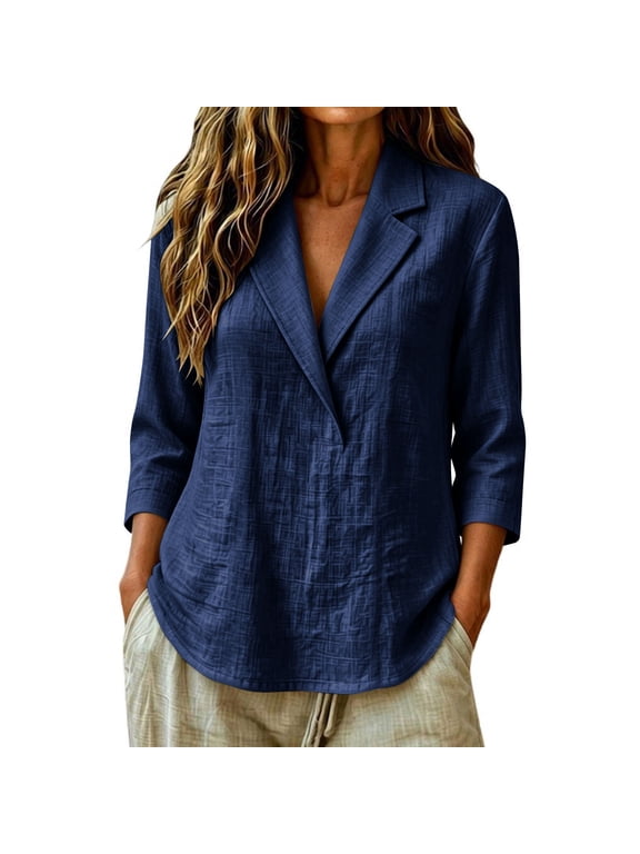 Cotton Linen Tops for Women Lapel Collar V Neck 3/4 Sleeve Shirts Summer Casual Loose Fit Lightweight Gauze Blouses