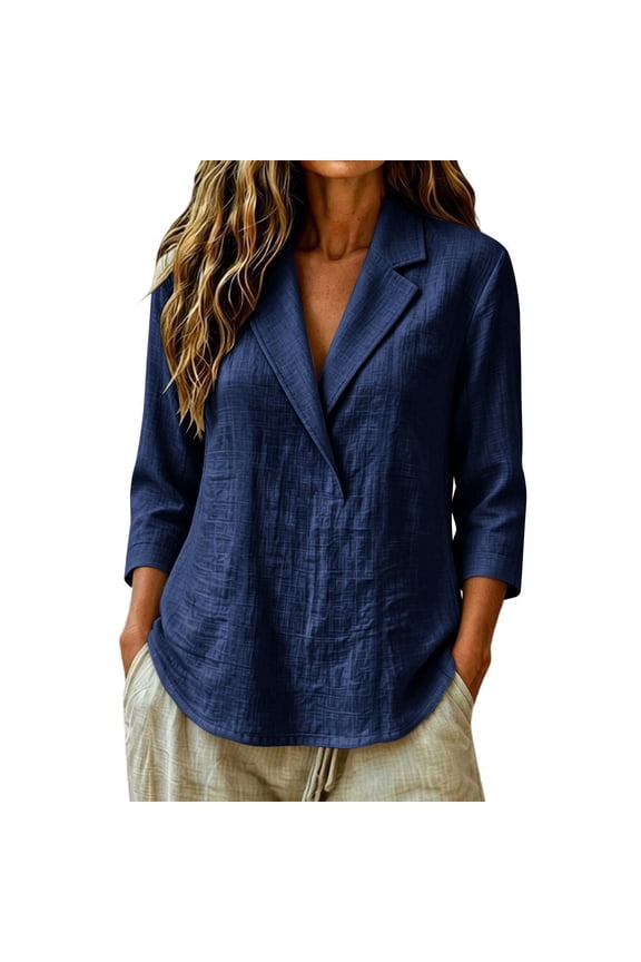 Cotton Linen Tops for Women Lapel Collar V Neck 3/4 Sleeve Shirts Summer Casual Loose Fit Lightweight Gauze Blouses