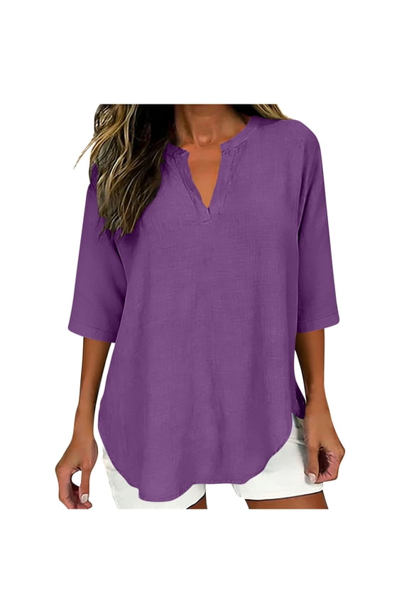 Cotton Linen Tops for Women Summer Trendy Half Sleeve V Neck Gauze Shirts Loose Fit Boho Henley Tunic Blouses