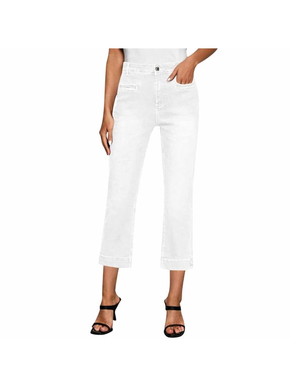 Cropped Jeans for Women High Waisted 90s Baggy Straight Stretchy Denim Pants Trendy Jeans with Pockets
