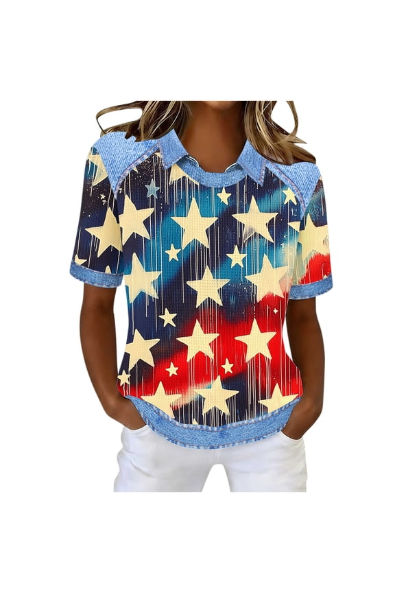 Denim Patchwork Shirt Women Casual Waffle Top Short Sleeve Crewneck Shirt 4Th of July Shirts Patriotic Tops