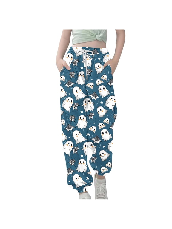 Girls Cute Ghost Print Lounge Pants Elastic Waist Drawstring Casual Halloween Joggers