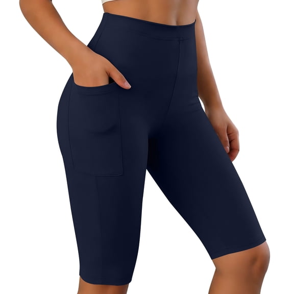 WRFWUL Knee Length Biker Shorts for Women Tummy Control Yoga Workout Gym Running Volleyball Compression Shorts with Pockets