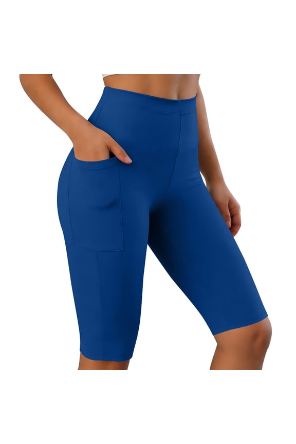 Knee Length Biker Shorts for Women Tummy Control Yoga Workout Gym Running Volleyball Compression Shorts with Pockets