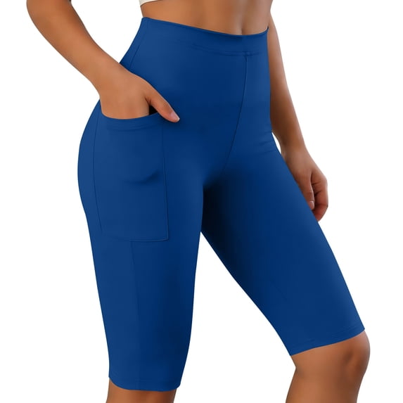 WRFWUL Knee Length Biker Shorts for Women Tummy Control Yoga Workout Gym Running Volleyball Compression Shorts with Pockets