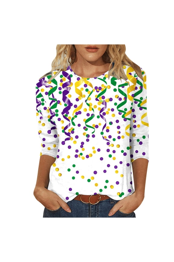 Mardi Gras Shirts for Women Funny Mask Print 3/4 Sleeve Tops New Orleans Carnival Themed Party Tshirt Casual Dressy Shirts Tuesday Parade Tunic Blouse