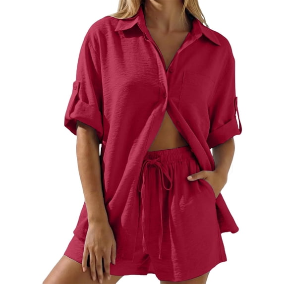 WRFWUL Matching Sets Women Clothing Short Sets Button Down Roll Tab Sleeve Shirts & Elastic Waist Shorts 2Pc Summer Outfits