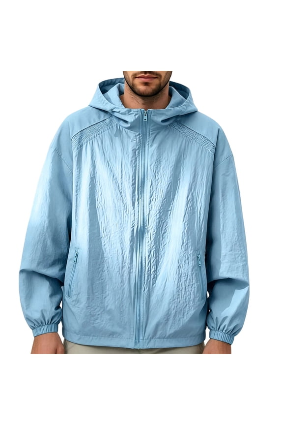 Men Upf 50+ Sun Protection Fishing Jacket Mesh Panel Full Zip Long Sleeve Hooded Windbreaker