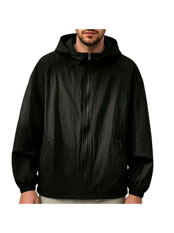 Men Upf 50+ Sun Protection Fishing Jacket Mesh Panel Full Zip Long Sleeve Hooded Windbreaker