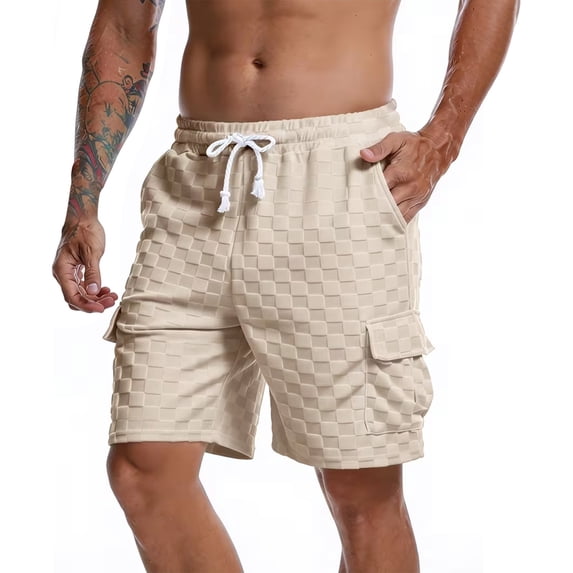 WRFWUL Men's Checkerboard Textured Cargo Shorts Elastic Waist Drawstring Wide Leg Shorts Summer Comfy Knee Length SweatShorts