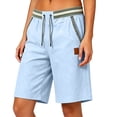 thumbnail image 1 of WRFWUL Men's Contrast Striped Pockets Cotton Linen Shorts Drawstring Waist Leather Patch Bermuda Shorts Summer Casual Beach Outfits, 1 of 5