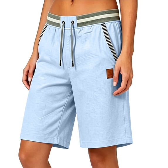 WRFWUL Men's Contrast Striped Pockets Cotton Linen Shorts Drawstring Waist Leather Patch Bermuda Shorts Summer Casual Beach Outfits