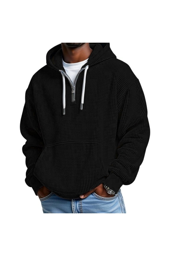 Men's Quarter Zip Hoodie Waffle Knit Hooded Sweatshirt Loose Fit Casual Long Sleeve Pullover with Pockets