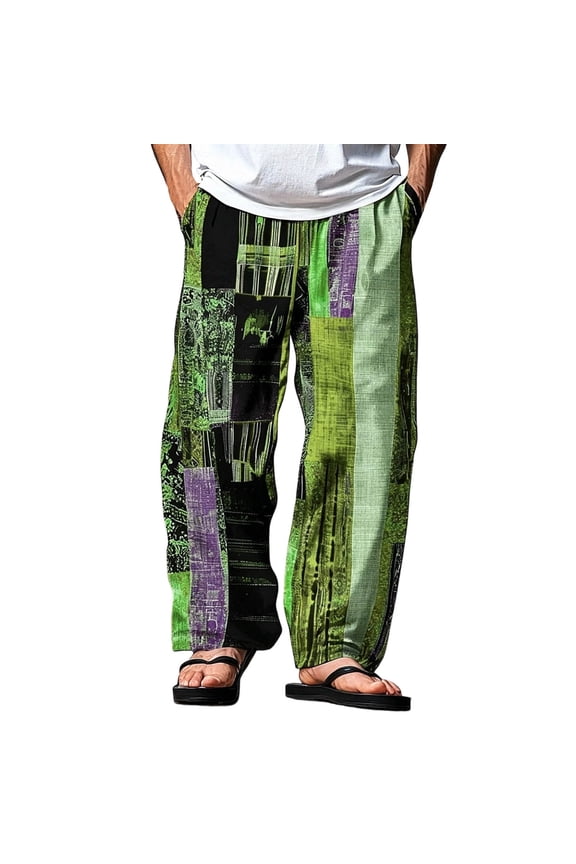 Mens Boho Patchwork Print Harem Pants Elastic Waist Drawstring Casual Loose Straight Leg Palazzo Pants