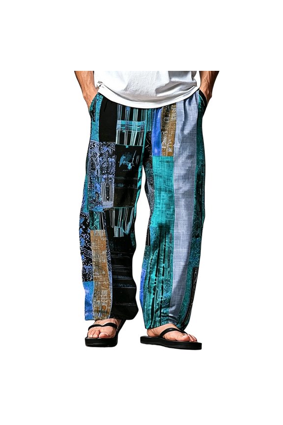 Mens Boho Patchwork Print Harem Pants Elastic Waist Drawstring Casual Loose Straight Leg Palazzo Pants