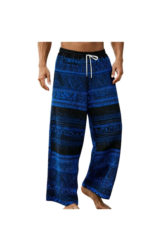 Mens Boho Patchwork Print Harem Pants Elastic Waist Drawstring Casual Loose Straight Leg Palazzo Pants