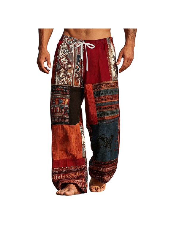Mens Boho Patchwork Print Harem Pants Elastic Waist Drawstring Casual Loose Straight Leg Palazzo Pants