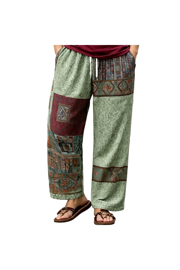 Mens Boho Patchwork Print Harem Pants Elastic Waist Drawstring Casual Loose Straight Leg Palazzo Pants