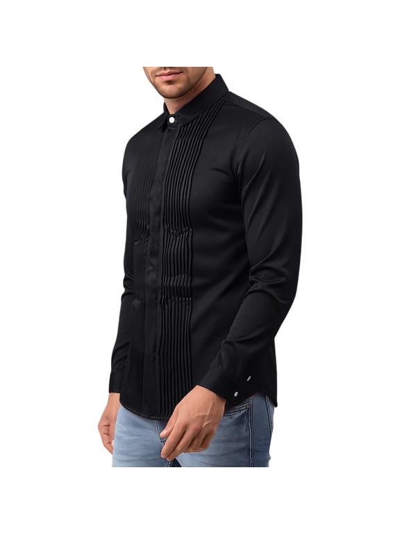 Mens Dress Shirts Slim Fit Pleated Lapel Collar Long Sleeve Button Down Shirts Formal Tuxedo Performance Tops