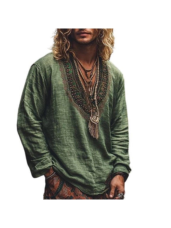 Mens Ethnic Print V Neck Long Sleeve Shirt Loose Fit Boho Hippie Beach Vacation Lightweight Gauze Top