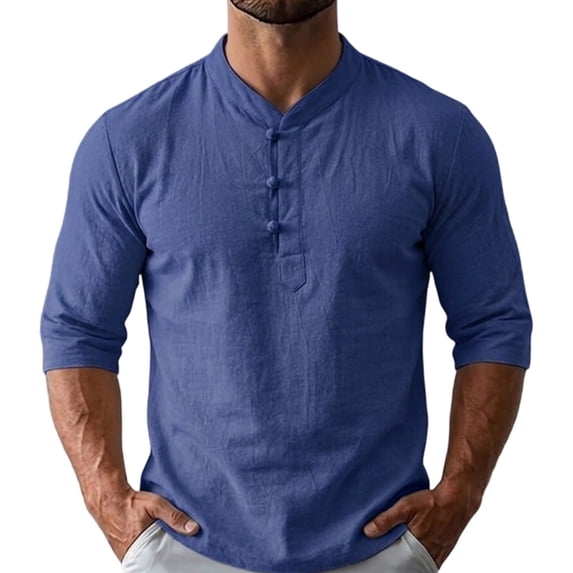 WRFWUL Mens Flax Linen Henley Shirt Half Sleeve Button Placket Casual Summer Breathable Lightweight Tunic Top
