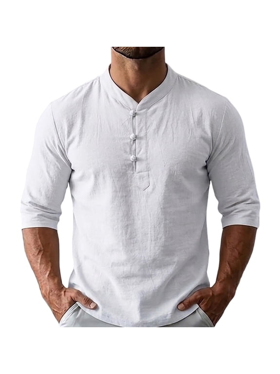 Mens Flax Linen Henley Shirt Half Sleeve Button Placket Casual Summer Breathable Lightweight Tunic Top