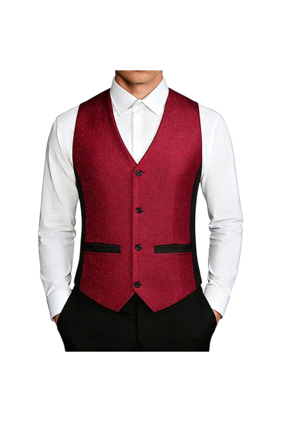 Mens Formal Slim Fit Shiny Tuxedo Vest V Neck Button Front Waistcoat Prom Wedding Party Suit Jacket with Pockets