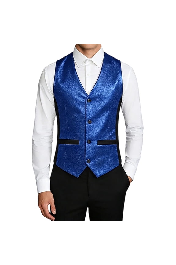 Mens Formal Slim Fit Shiny Tuxedo Vest V Neck Button Front Waistcoat Prom Wedding Party Suit Jacket with Pockets