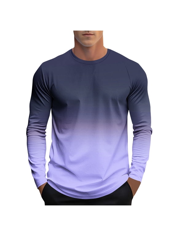 Mens Gradient Long Sleeve T Shirts Slim Fit Crewneck Casual Pullover Tops Fall Athletic Performance Outfits