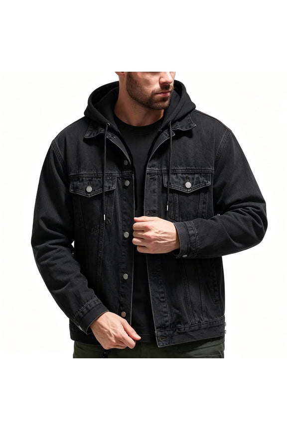 Mens Hooded Denim Jacket Faux Two Piece Long Sleeve Button Down Jean Coat Washed Trucker Coat