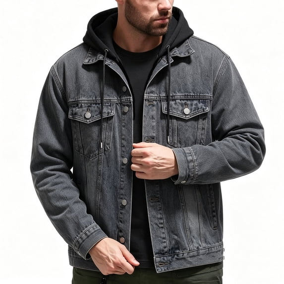 WRFWUL Mens Hooded Denim Jacket Faux Two Piece Long Sleeve Button Down Jean Coat Washed Trucker Coat
