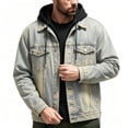 thumbnail image 1 of WRFWUL Mens Hooded Denim Jacket Faux Two Piece Long Sleeve Button Down Jean Coat Washed Trucker Coat, 1 of 4