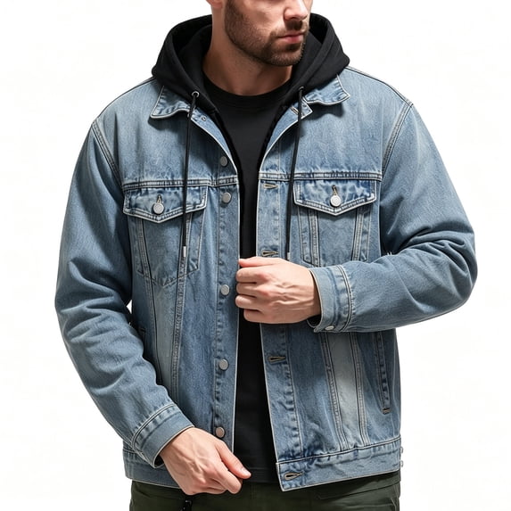 WRFWUL Mens Hooded Denim Jacket Faux Two Piece Long Sleeve Button Down Jean Coat Washed Trucker Coat