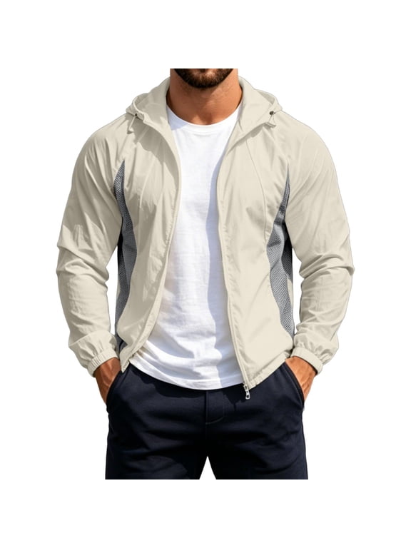 Mens Hooded Windbreaker Jacket Zip Up Mesh Panel Sun Protection Coat Outdoor Hiking Travel Outerwear