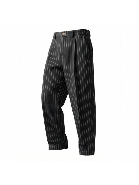 Mens Pinstripe Pleated Trousers High Waist Button Fly Straight Leg Pants Business Casual Office Dress Pants