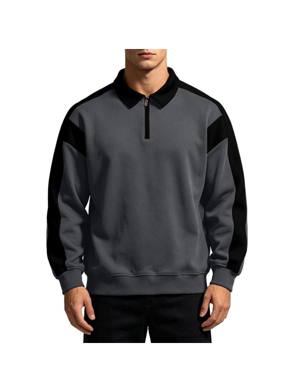 Mens Quarter Zip Sweatshirt Colorblock Long Sleeve Lapel Collar Pullover Sweatshirts Preppy Streetwear Tops