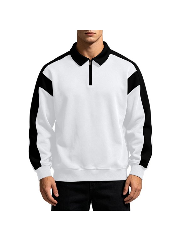 Mens Quarter Zip Sweatshirt Colorblock Long Sleeve Lapel Collar Pullover Sweatshirts Preppy Streetwear Tops