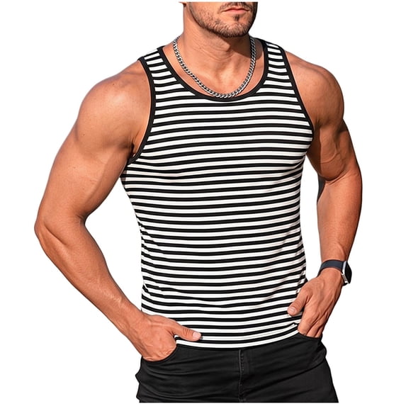 WRFWUL Mens Slim Fit Striped Tank Tops Sleeveless Scoop Neck Muscle T Shirts Gym Workout Undershirt Fashion Streetwear Top