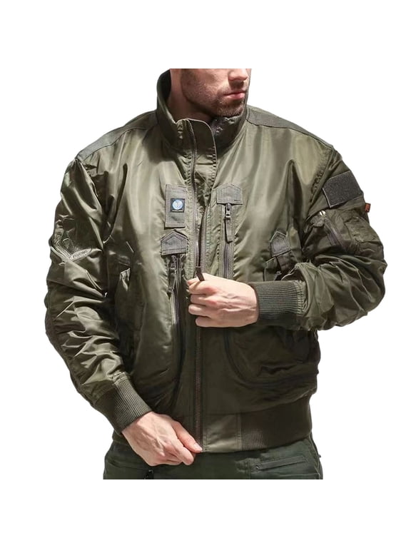Mens Tactical Bomber Jacket Multi Pocket Stand Collar Zip Up Flight Coat Outdoor Military Style Casual Outerwear Top