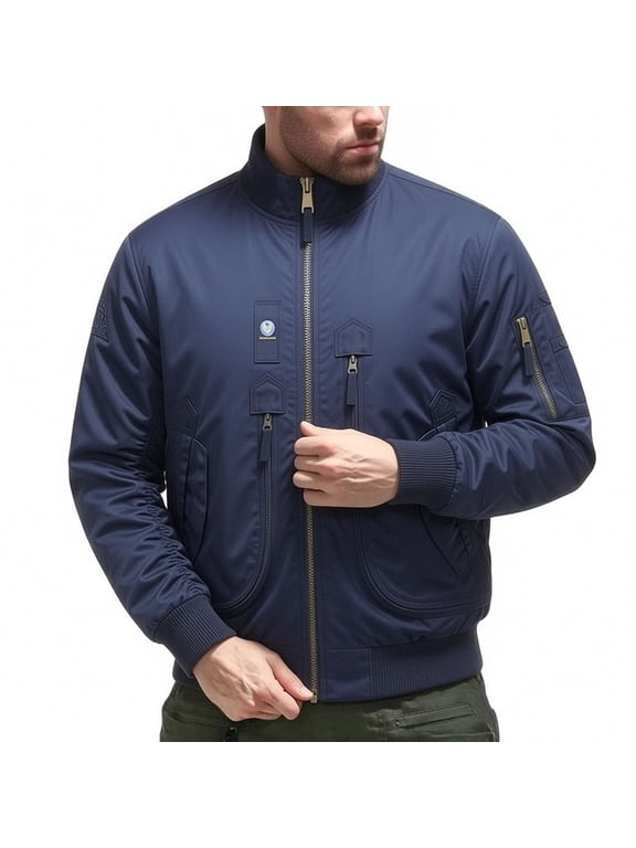 Mens Tactical Bomber Jacket Multi Pocket Stand Collar Zip Up Flight Coat Outdoor Military Style Casual Outerwear Top