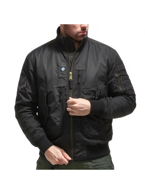 Mens Tactical Bomber Jacket Multi Pocket Stand Collar Zip Up Flight Coat Outdoor Military Style Casual Outerwear Top