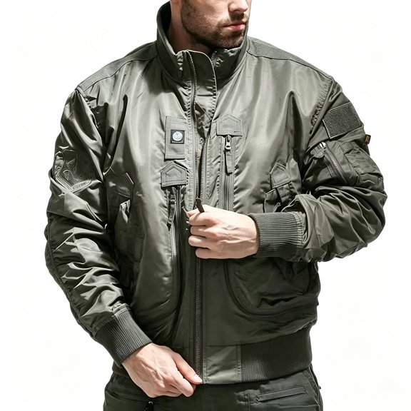WRFWUL Mens Tactical Bomber Jacket Multi Pocket Stand Collar Zip Up Flight Coat Outdoor Military Style Casual Outerwear Top