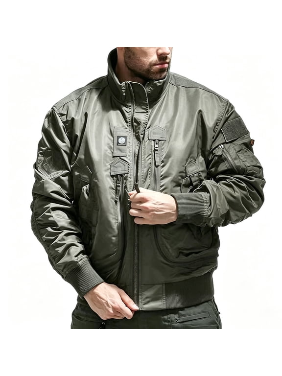 Mens Tactical Bomber Jacket Multi Pocket Stand Collar Zip Up Flight Coat Outdoor Military Style Casual Outerwear Top