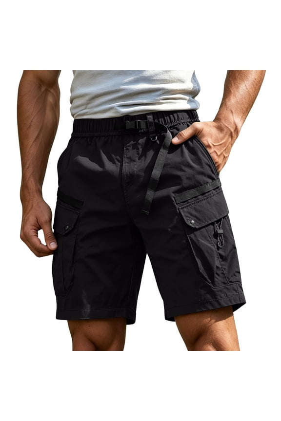 Mens Techwear Cargo Shorts Elastic Waist Webbing Belt Multi Pocket Loose Fit Outdoor Work Tactical Short Pants