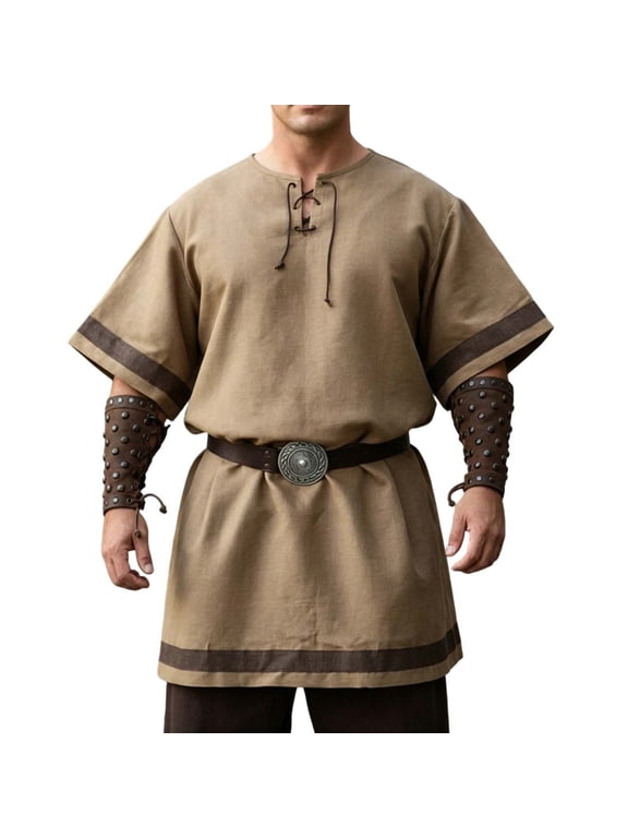 Mens Viking Tunic Shirt Lace Up Neck Short Sleeve Peasant Shirt Renaissance Pirate Cosplay Costume Top