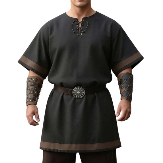 WRFWUL Mens Viking Tunic Shirt Lace Up Neck Short Sleeve Peasant Shirt Renaissance Pirate Cosplay Costume Top