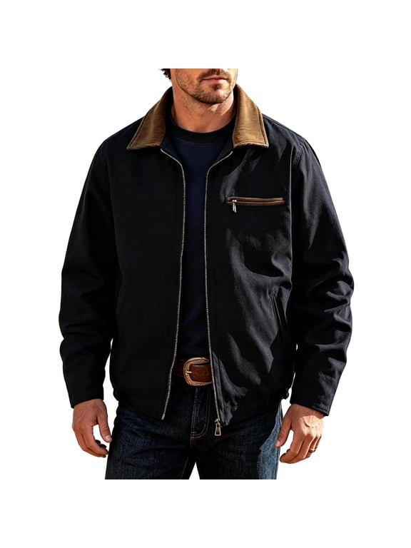 Mens Vintage Bomber Jacket Zip Front Collared Work Jacket Fall Outdoor Hiking Fishing Casual Coat