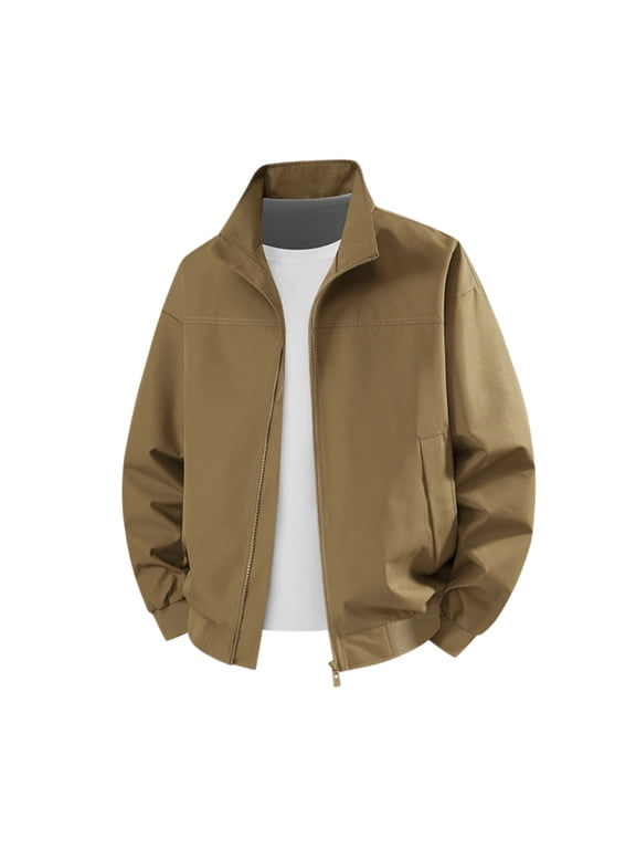 Mens Water Resistant Zip Up Jacket Lightweight Stand Collar Windproof Coat Casual Work Outerwear with Side Pockets